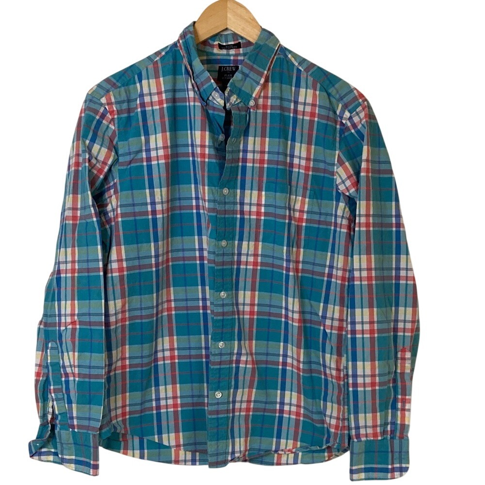 J‎ Crew Factory Plaid Button-Down Shirt Size L Flex Washed Slim Untucked Classic